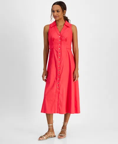 Inc International Concepts Petite Belted Linen-blend Sleeveless Shirtdress, Created For Macy's In Starfish Pink
