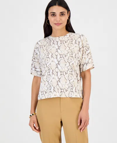 Inc International Concepts Petite Boxy-fit Crewneck T-shirt, Macy's Exclusive In Neutral