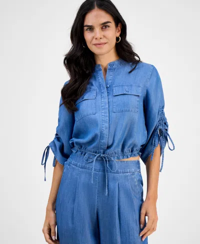 Inc International Concepts Petite Button-front Chambray Shirt, Macy's Exclusive In Purple