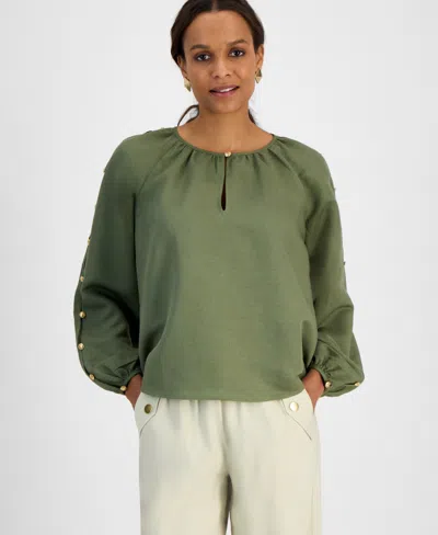 Inc International Concepts Petite Button-sleeve Blouse, Exclusively At Macy's In Olivine