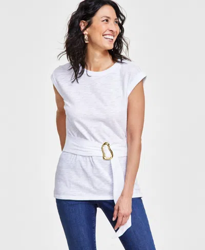 Inc International Concepts Petite Cap-sleeve Hardware Buckle Top, Created For Macy's In Bright White