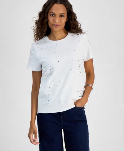 Inc International Concepts Petite Cotton Embellished Top, Exclusively At Macy's In Bright White