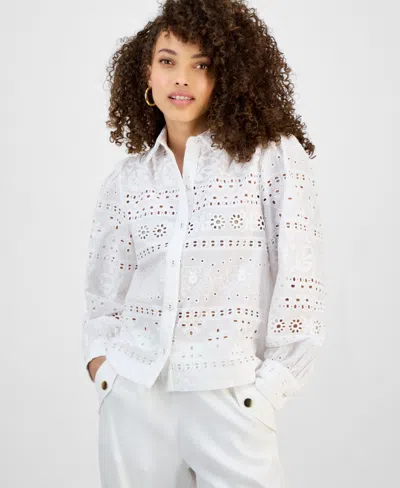Inc International Concepts Petite Cotton Eyelet Button-front Top, Exclusively At Macy's