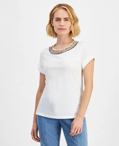Inc International Concepts Petite Cotton Rhinestone-embellished Top, Created For Macy's In Bright White