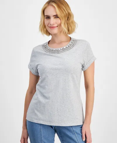 Inc International Concepts Petite Cotton Rhinestone-neck Top, Created For Macy's In Heather Belle Grey