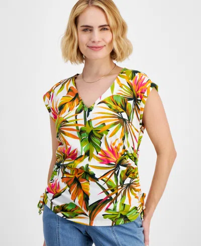Inc International Concepts Petite Cotton Ruched-side Top, Created For Macy's In Trop Garden B
