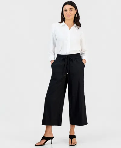 Inc International Concepts Petite Cropped Linen Wide-leg Pants, Macy's Exclusive In Black