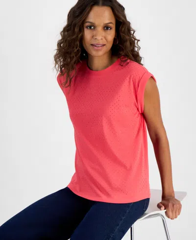 Inc International Concepts Petite Dew Drop Cotton Roll-sleeve Tee, Created For Macy's In Pink