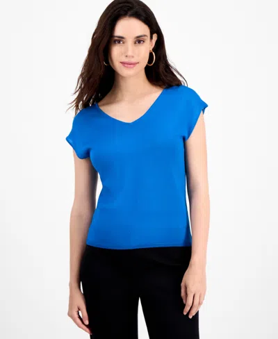Inc International Concepts Petite Double-v-neck Cap-sleeve Top, Macy's Exclusive In Blue