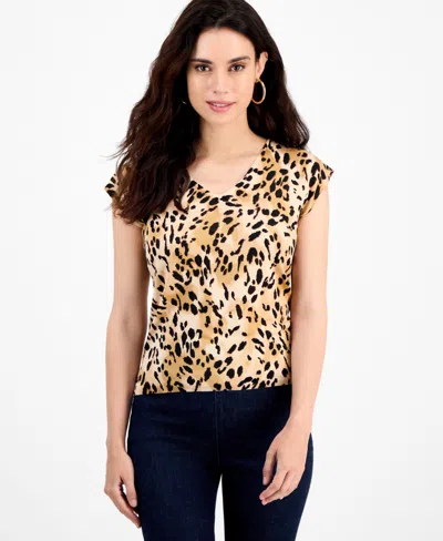 Inc International Concepts Petite Double-v-neck Cap-sleeve Top, Macy's Exclusive In Animal Print