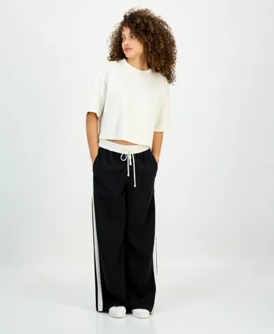 Inc International Concepts Petite Drawstring-waist Side-stripe Wide-leg Pants, Macy's Exclusive In Black