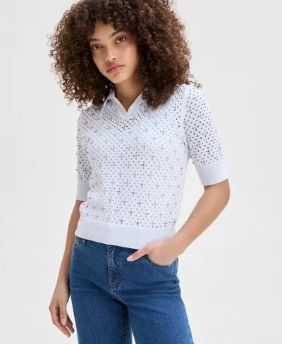 Inc International Concepts Petite Embellished Polo Sweater, Exclusively At Macy's In Bright White