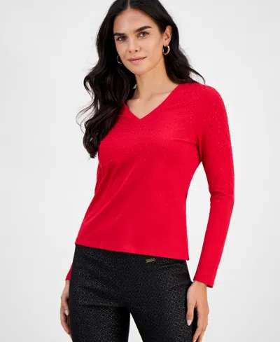 Inc International Concepts Petite Embellished V-neck T-shirt, Macy's Exclusive In Red