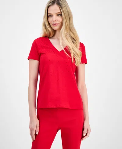 Inc International Concepts Petite Embellished V-neck T-shirt, Macy's Exclusive In Red