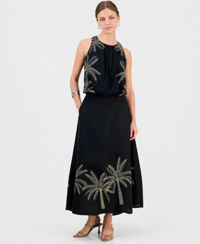 Inc International Concepts Petite Cotton Embroidered Cinched Tank Top Embroidered Midi Skirt Macys Exclusive In Black