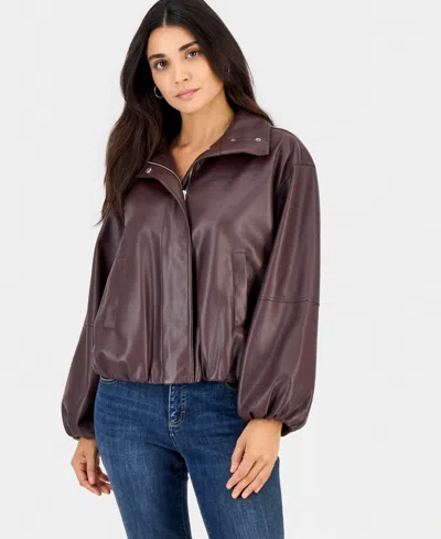 Inc International Concepts Petite Faux Leather Funnel-neck Bomber Jacket, Macy's Exclusive In Brown