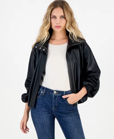 Inc International Concepts Petite Faux Leather Funnel-neck Bomber Jacket, Macy's Exclusive In Black