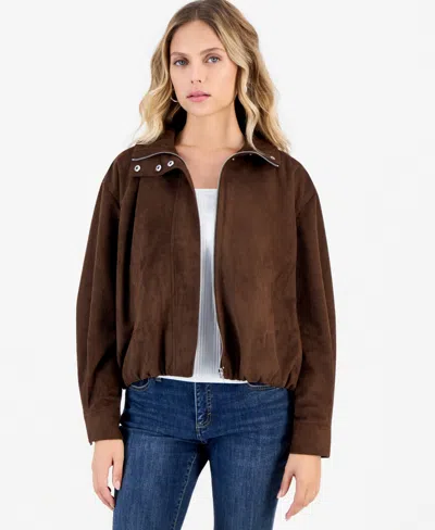 Inc International Concepts Petite Faux Suede Funnel-neck Bomber Jacket, Macy's Exclusive In Brown