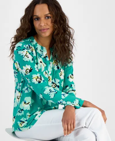 Inc International Concepts Petite Floral Button-placket Top, Exclusively At Macy's