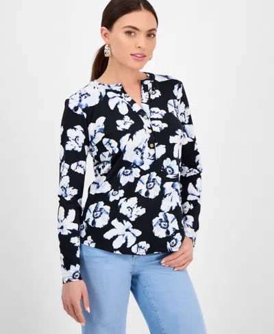 Inc International Concepts Petite Floral Button-placket Top, Exclusively At Macy's