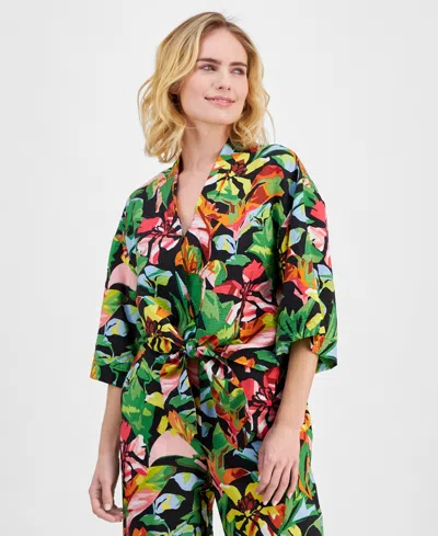 Inc International Concepts Petite Floral-print Tie-hem Top, Created For Macy's In Kylie Garden
