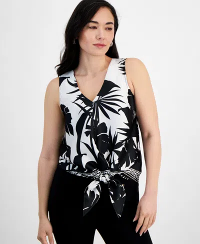 Inc International Concepts Petite Floral-print Tie-hem Top, Created For Macy's In Palm Garde