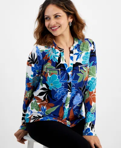 Inc International Concepts Petite Floral-print Zippered-pocket Top, Created For Macy's In Gabi Blooms