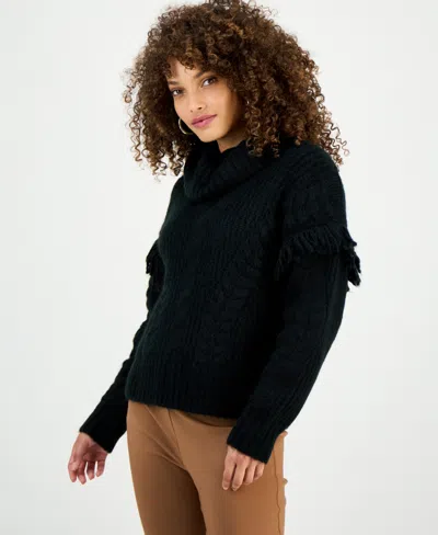 Inc International Concepts Petite Fringe-trim Cable Knit Turtleneck Sweater, Macy's Exclusive In Black