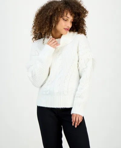 Inc International Concepts Petite Fringe-trim Cable Knit Turtleneck Sweater, Macy's Exclusive In White