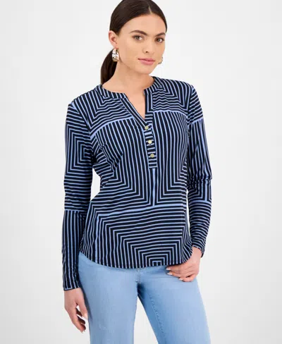 Inc International Concepts Inc Plus Size Printed Split-neck Top, Exclusively At Macy's In Tyra Strip