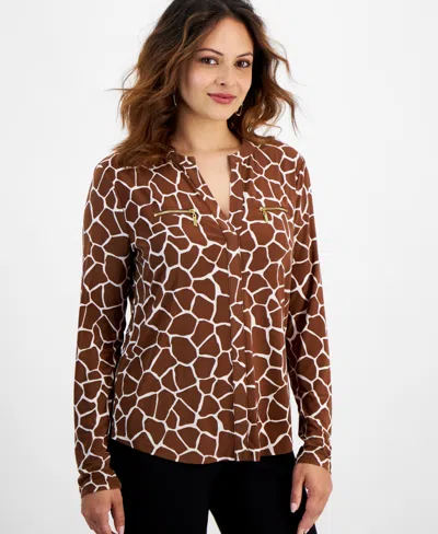 Inc International Concepts Petite Giraffe-print Zippered-pocket Top, Created For Macy's In Ari Giraffe