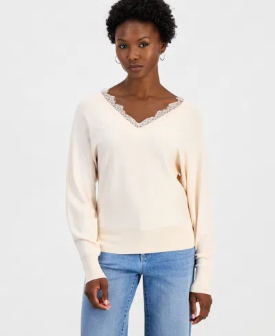 Inc International Concepts Petite Lace Trim Double V-neck Sweater, Macy's Exclusive In Pastel Rose Tan