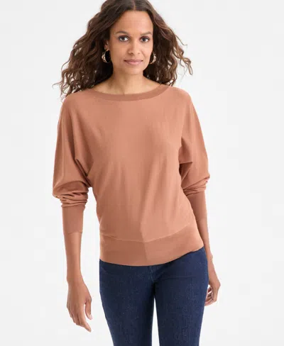 Inc International Concepts Petite Lightweight Boat-neck Pullover, Macy's Exclusive In Brown