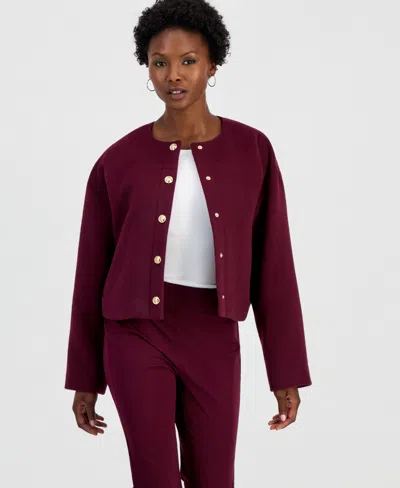 Inc International Concepts Petite Lined Round-neck Poly-wool Blend Snap-front Jacket, Macy's Exclusive In Burgundy