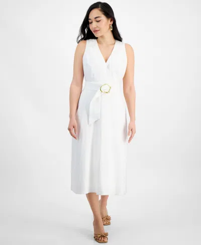 Inc International Concepts Petite Linen-blend Belted Midi Dress, Created For Macy's In Bright White