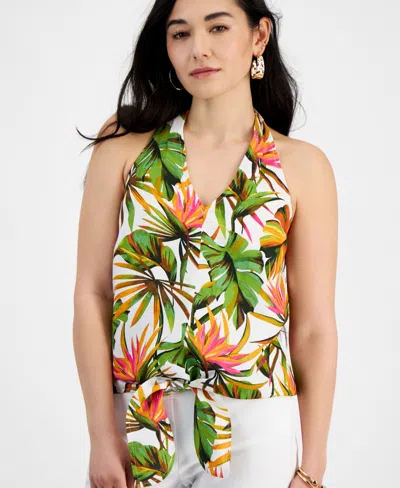Inc International Concepts Petite Linen-blend Printed Halter Top, Created For Macy's In Tropical Garden