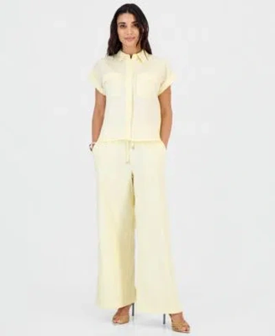 Inc International Concepts Petite Linen Blend Short Sleeve Button Front Shirt High Rise Wide Leg Pants Macys Exclusive In Copper Moon