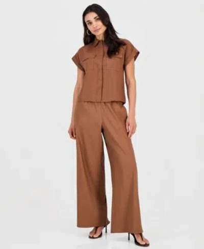 Inc International Concepts Petite Linen Blend Short Sleeve Button Front Shirt High Rise Wide Leg Pants Macys Exclusive In Yellow Mist