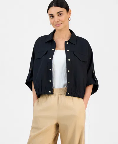 Inc International Concepts Petite Linen Short-sleeve Shirt Jacket, Macy's Exclusive In Black