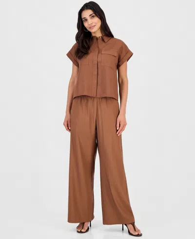 Inc International Concepts Petite Linen-blend High-rise Wide-leg Pants, Exclusively At Macy's In Brown