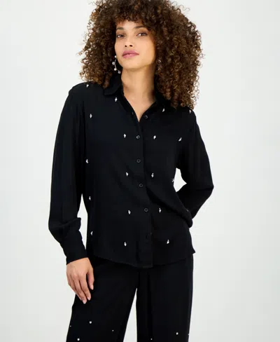 Inc International Concepts Petite Long-sleeve Embellished Button-front Blouse, Macy's Exclusive In Black