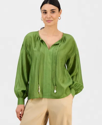 Inc International Concepts Petite Long-sleeve Tie Neck Blouse, Macy's Exclusive In Green