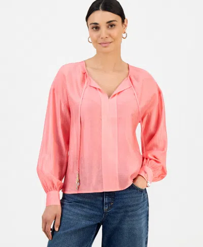 Inc International Concepts Petite Long-sleeve Tie Neck Blouse, Macy's Exclusive In Pink