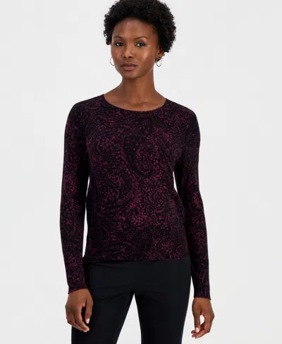 Inc International Concepts Petite Paisley Long-sleeve Crewneck Sweater, Macy's Exclusive In Purple