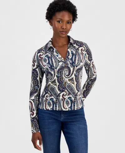 Inc International Concepts Petite Paisley Long-sleeve Johnny Collar Blouse, Macy's Exclusive In Multi