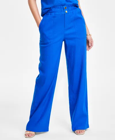 Inc International Concepts Petite Linen-blend Paperbag-waist Pants, Created For Macy's In Intense Cobalt
