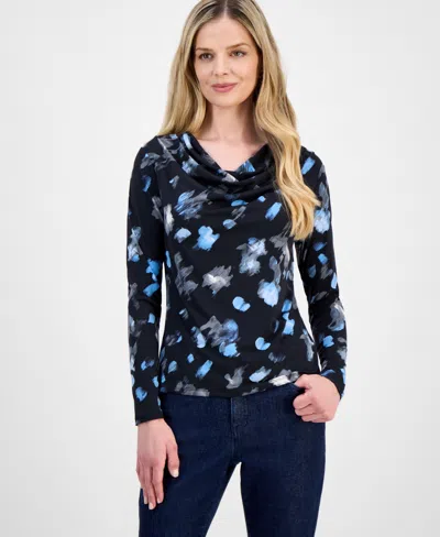 Inc International Concepts Petite Printed Cowlneck Top, Macy's Exclusive In Black