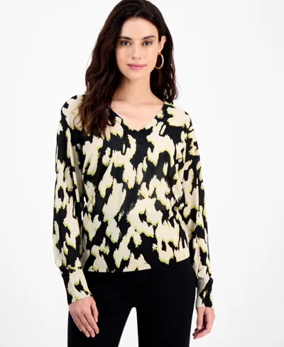 Inc International Concepts Petite Printed Double-v-neck Long-sleeve Top, Macy's Exclusive In Black
