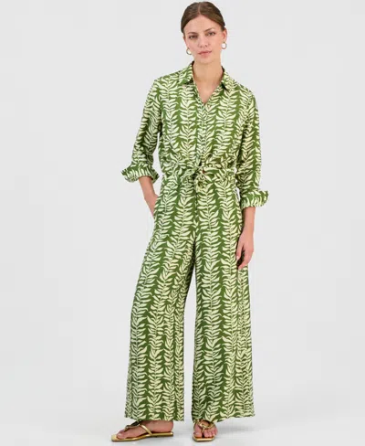 Inc International Concepts Petite Printed Long Sleeve Button Front Blouse High Rise Wide Leg Pants Macys Exclusive In Multi