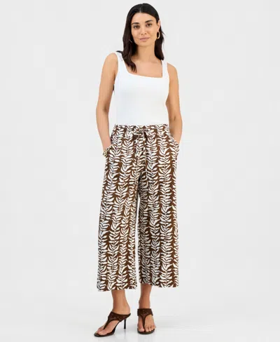 Inc International Concepts Petite Printed Linen High-rise Wide-leg Pants, Macy's Exclusive In Brown